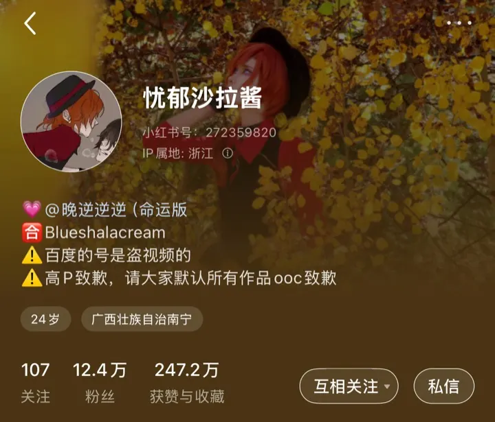 Xiaohongshu account screenshot with 12.4W fans and 247.2W engagement